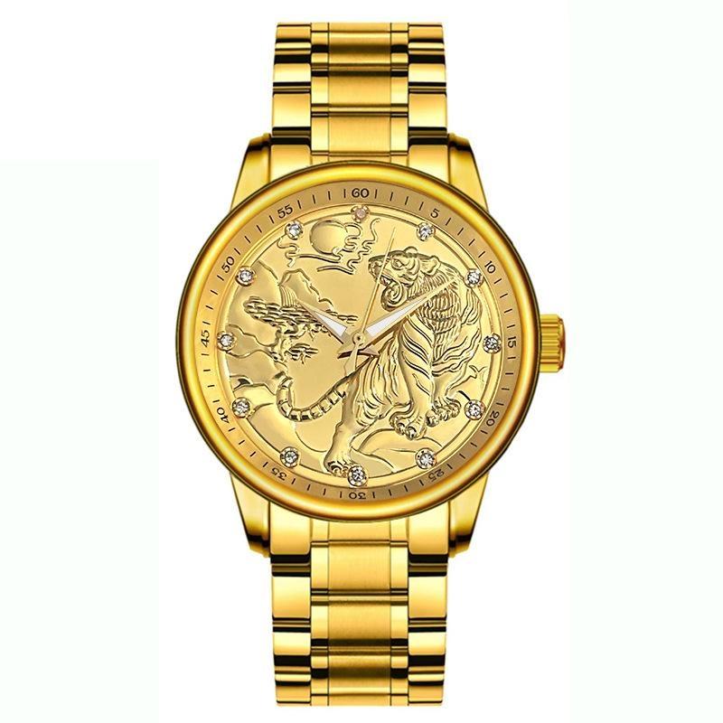 Men Automatic Mechanical Wristwatch Luxury 3D Ship with Diamond Golden Dragon Watch