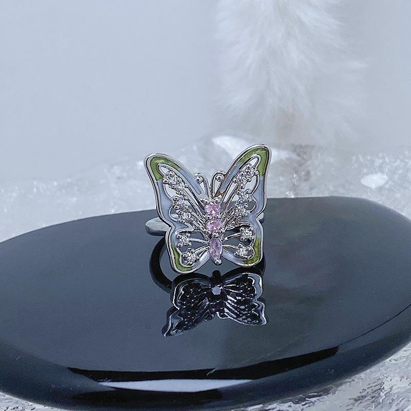 Kleiner Frischer Sommer Kühlendes Gefühl Grüner Emaille Tropfendes Öl Schmetterling Blume Öffnender Ring Nische Leichter Luxus High-End Ring