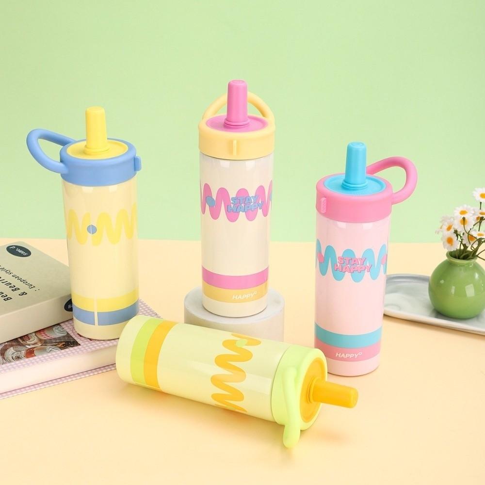 Durable 600ml Water Cup Stainless Steel Leak-proof Cartoon Insulated Cup Large Capacity Double Drinking Straw Cup