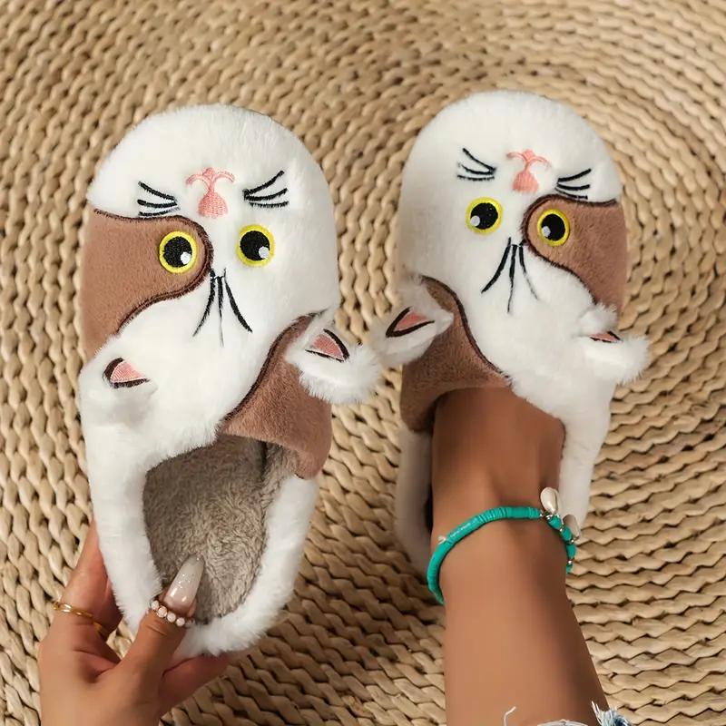 Women's Plush Cat Slippers - Winter Warm and Anti Slip Indoor Home Shoes, Cute Cartoon Cat Pattern, Essential for Home Use
