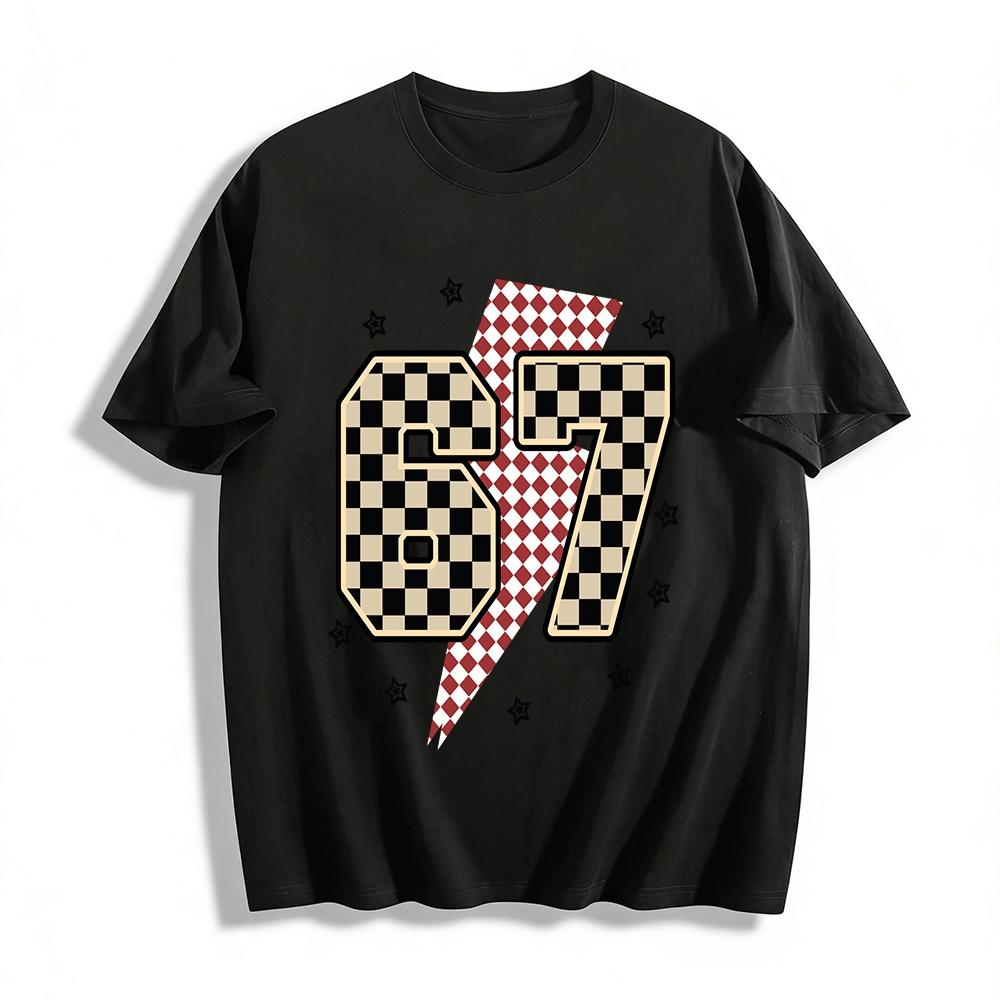 Vintage Checkerboard Number 67 Print Casual Top Pure cotton T-shirt XXS