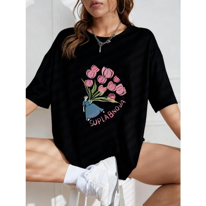 White Oversized T Shirt With Pink Tulip Bouquet And Suplabnova Text Print For Casual Wear