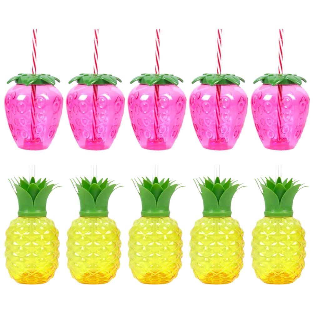 10Pcs Plastic Strawberry Pineapple Drinking Cup Fruit Shape Juice Cups Water Cups Luau Flamingo Summer Beach Pool Party Decor