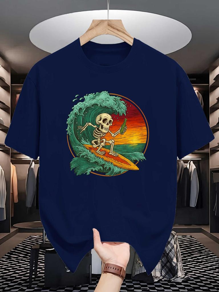 Unisex Crew Neck Tee Retro Skeleton Surf Ocean Wave Art Print Soft Cotton Loose Short Sleeve Summer Casual Male Streetwear Tops