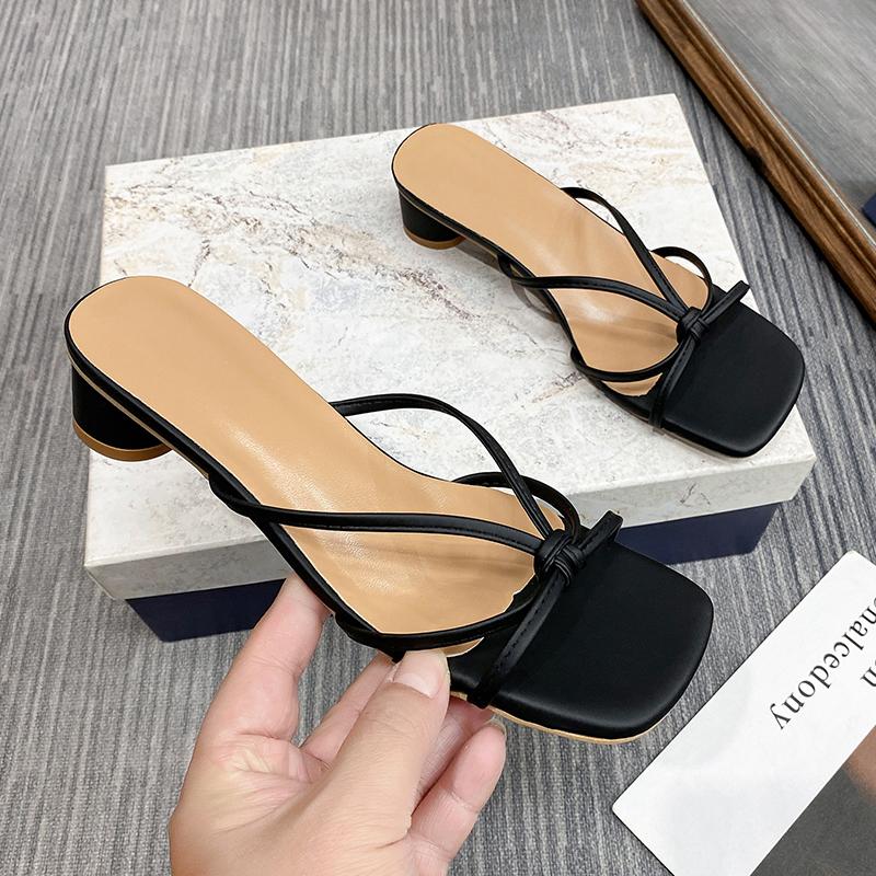 Fashion High Heels Comfortable New Summer Solid Leather Slippers Female Shoes Women Shoes Woman Fashion Cool Mules Slides Flip Flops