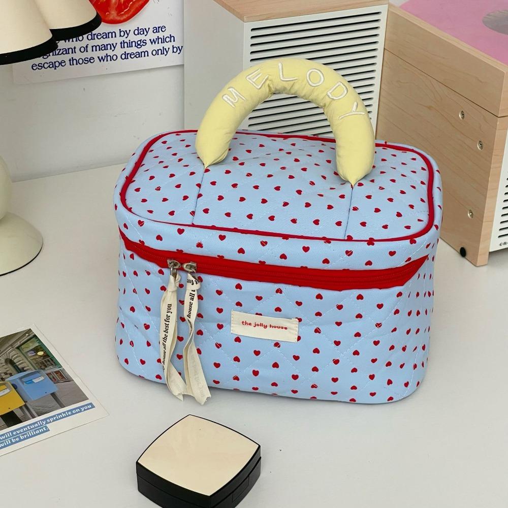 New Quilting Cotton Heart Cosmetic Bag Blue Multi-function Cosmetic Storage Bag Large Capacity Wash Bag Travel