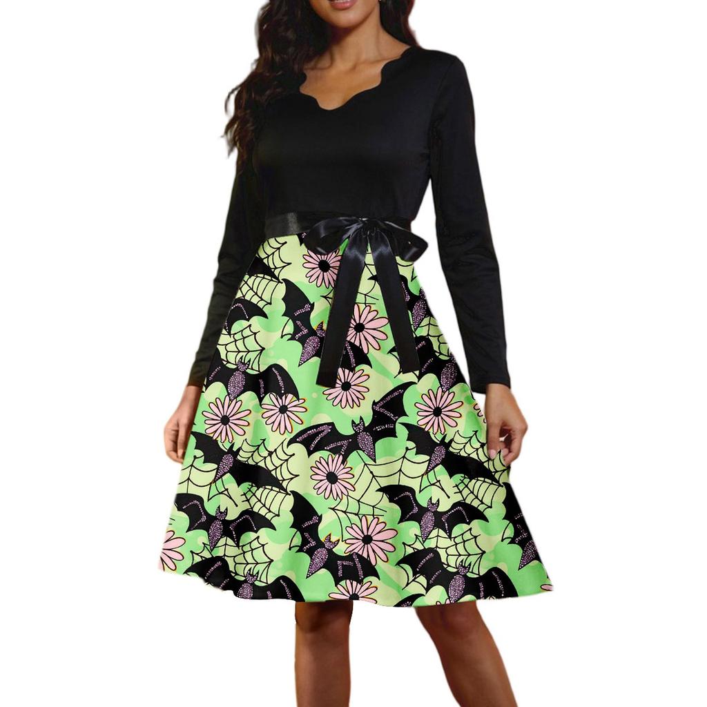 Women's Casual Fashion Long Sleeve  Halloween Graphic Printed Vintage Long Dresses