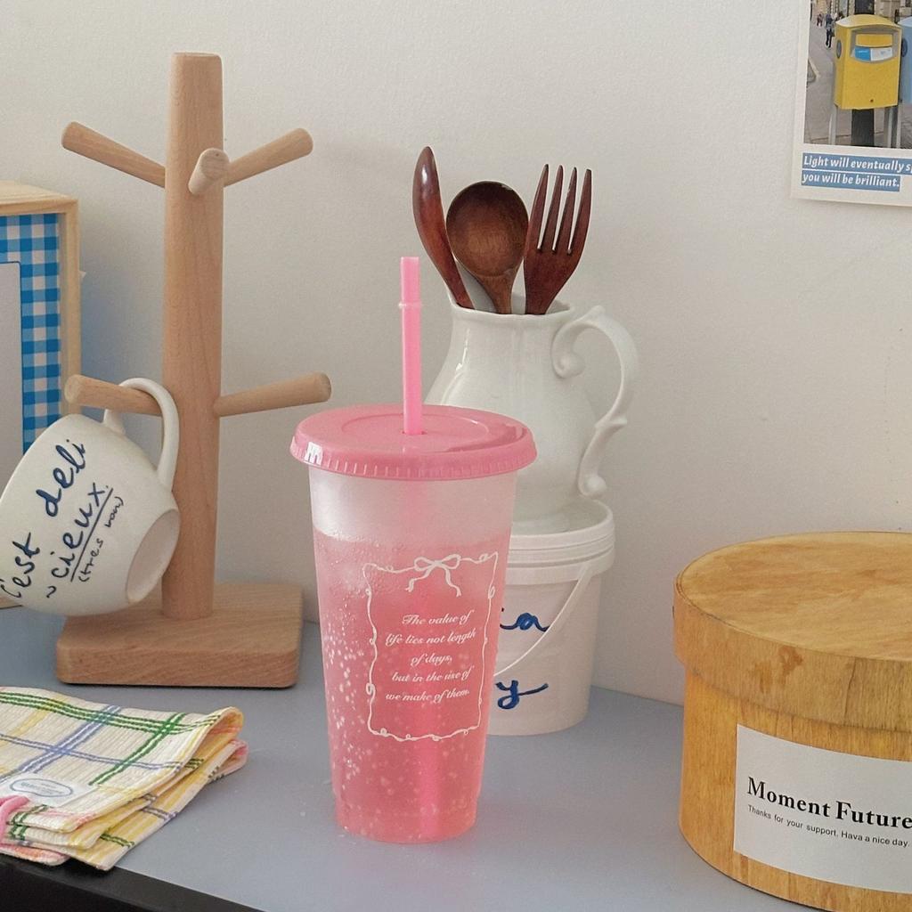 Kawaii Water Bottle For Coffee Juice Milk Tea Cute Plastic Cold Cups With Straw Lid Portable Reusable Drinking Bottle BPA Free