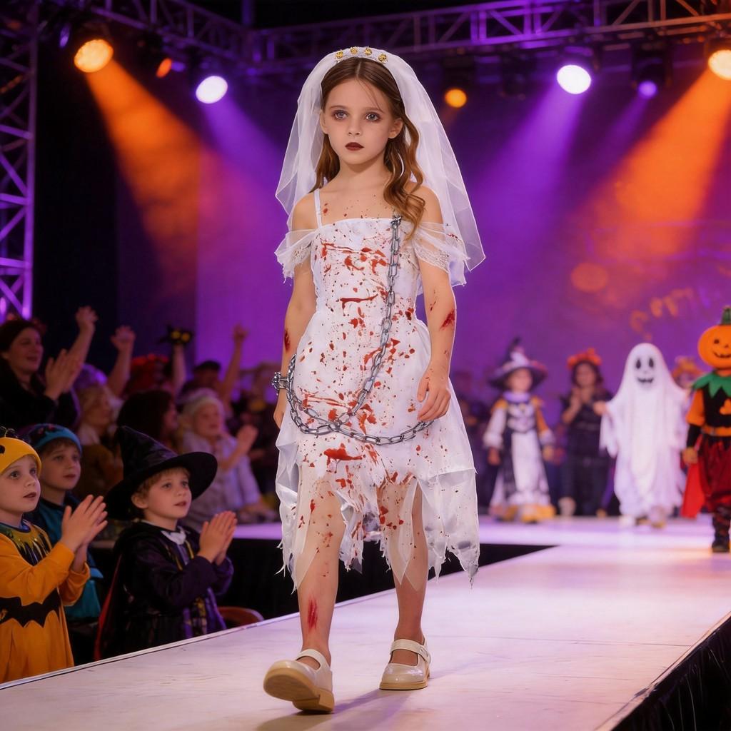Costume Strega Fantasma Sposa di Halloween per Bambine con Pizzo Rete e Stampa per Festa Bambini