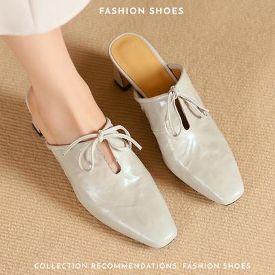 Fashion 2025 Summer Women Shoes Genuine Sheepskin Leather Slippers Women Covered Toe Thick High Heels Party Dress Mules Ladies Sandals