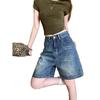 2025 Summer Women's Retro Blue High Waist Straight Leg Jeans - Versatile Petite Five-Point Shorts