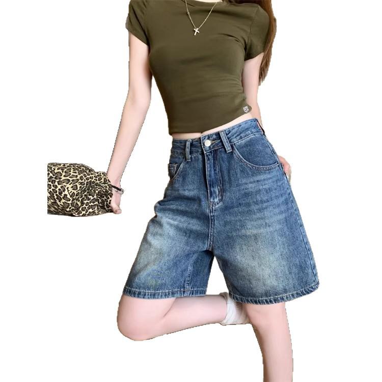2025 Summer Women's Retro Blue High Waist Straight Leg Jeans - Versatile Petite Five-Point Shorts