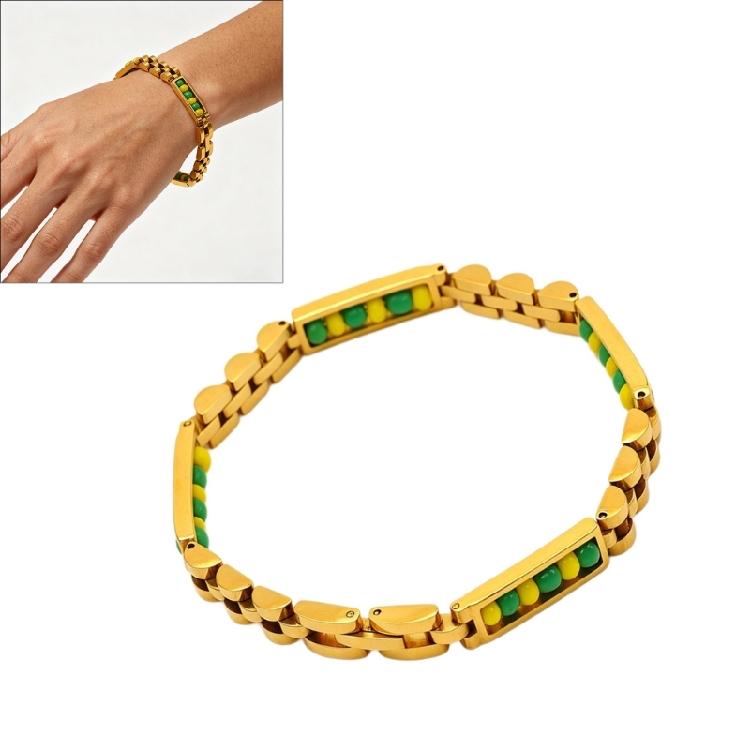 Casual Outfit Beaded Bracelet, Stainless Steel Tone Link Wrist Bangle with Green Yellow Rectangular Bead Inlays