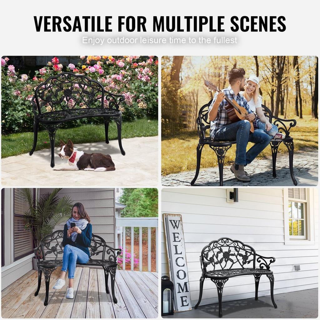 Outdoor Bench, 38.8 Inches Metal Garden Bench for Outdoors, 480 Lbs Load Capacity Bench, Outdoor Garden Park Bench with Backrest and Armrests, Patio