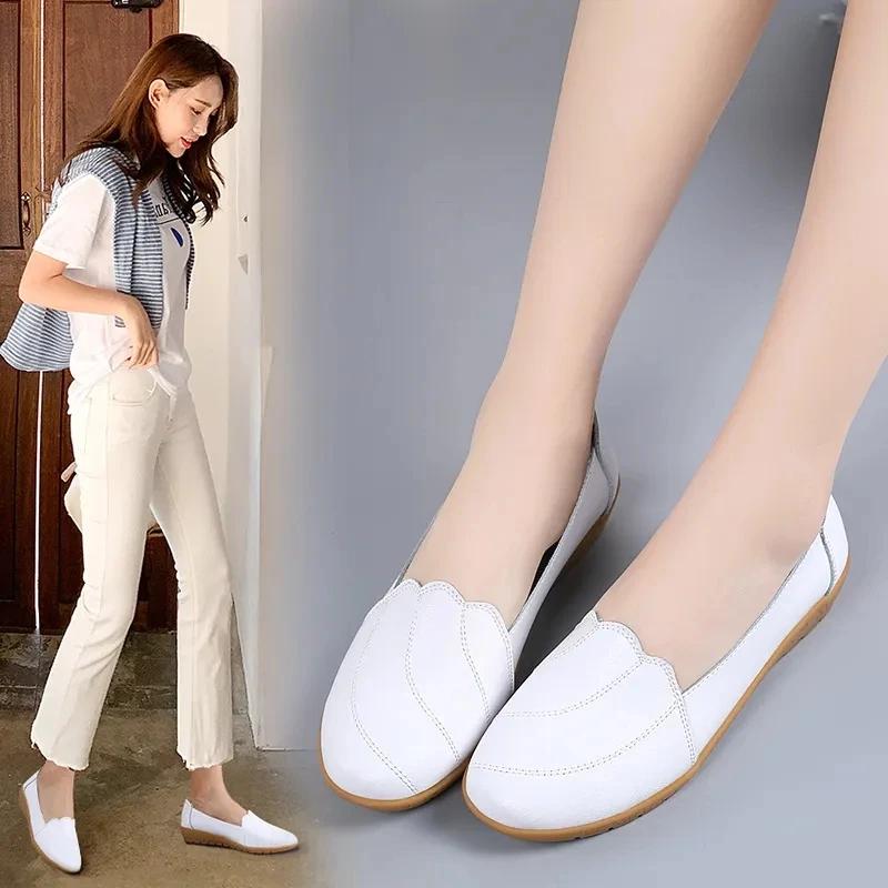 Fashion Genuine Leather Shoes For Women White Loafers Summer Clssic Style 2025 Nurse Shoes Woman Leather Flats
