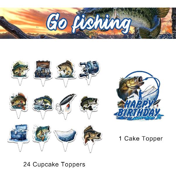 25 Pcs Gone Fishing Cake Topper Cupcake Toppers - Fishing Cake and Party Decorations - Birthday Party Supplies for Baby Shower