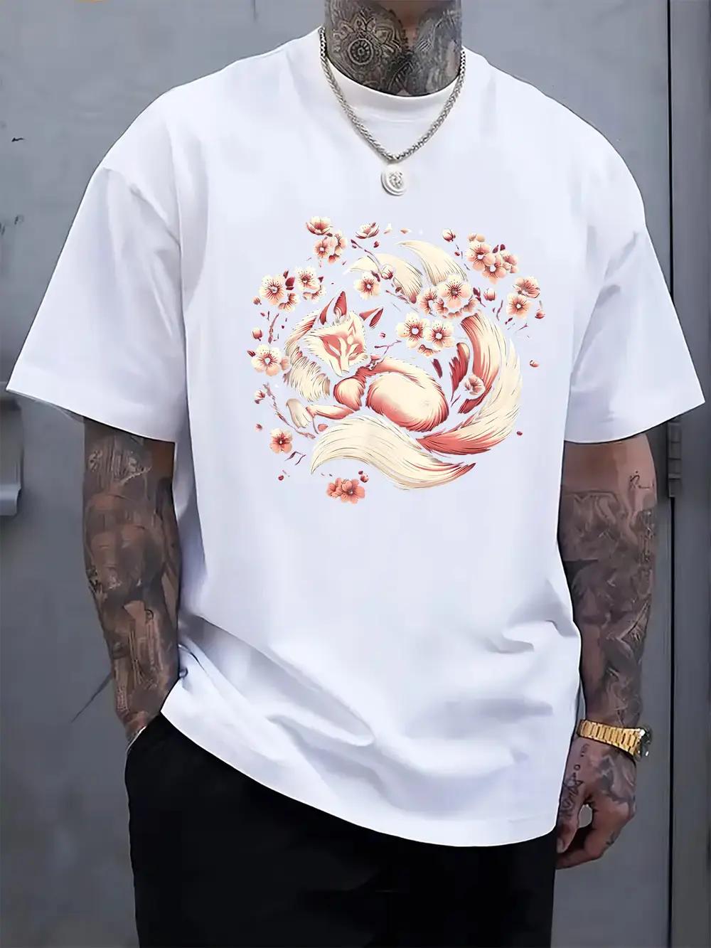 Casual Floral Fox Print T-shirt – Short Sleeve Crew Neck XXXL