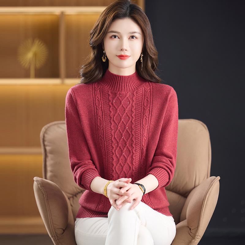 

Autumn/Winter 100% Wool Knit Base Layer Sweater for Mid-Aged & Elderly Women - Thick, Warm, Inner Wear 3XL (135-150 jin) кирпич красный