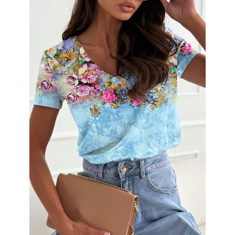 Summer Women's New Minimalist Flower Pattern 3D Printed Loose Casual V-neck Short Sleeved T-shirt