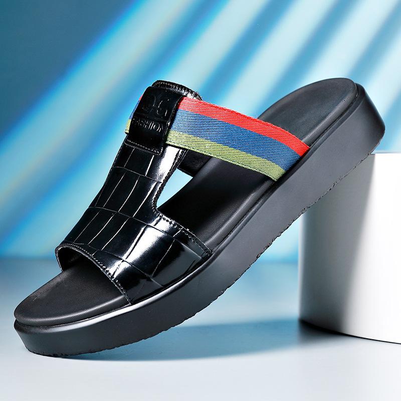 

Fashion2024 Летние новые дизайнерские пляжные туфли для мужчин из натуральной кожи с толстой подошвой, нескользящие тапочки для мужчин, модные повседневные мужские шлепанцы 38 чёрный