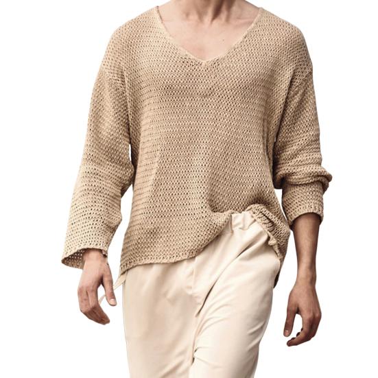 

Men Sweater V Neck Easy To Match Breathable Elastic Comfortable Knit Long Sleeves Loose Pullover Fall Sweater Men Clothes M абрикосовый