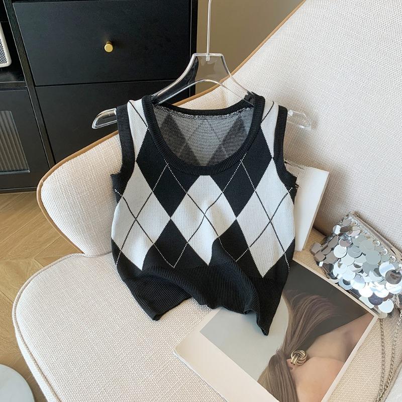 Autumn Fashion Casual Argyle Knitted Sweater Vest Women Winter Retro Sleeveless Pullover Sweater Women Waistcoat  Round Neck Knitwear Vests 24821