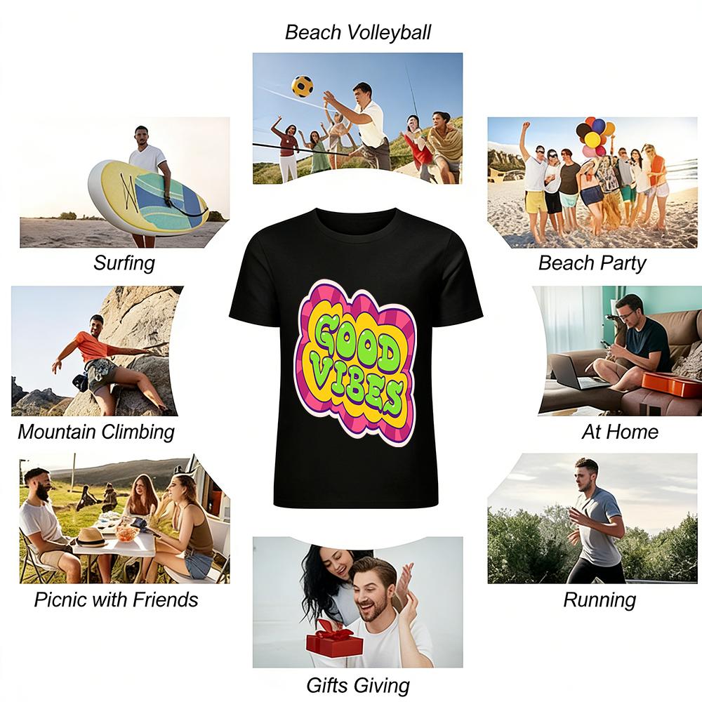 Good Vibes Graphic Print Casual T-shirt Unisex Loose Fit Retro Style Daily Wear Top Pure Cotton T-shirt