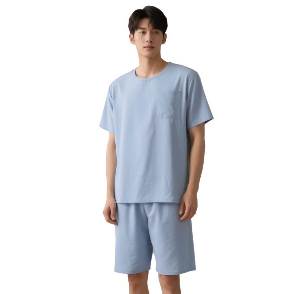 Men's Loose Fit Pajama Set - Short Sleeve & Shorts, Solid Color