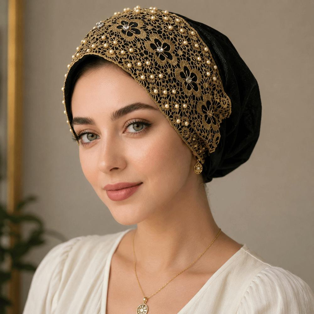 Lace Trim Women's Lace Turban Cap Embroidery Bonnet Head Wraps Islamic Turban Hat Women