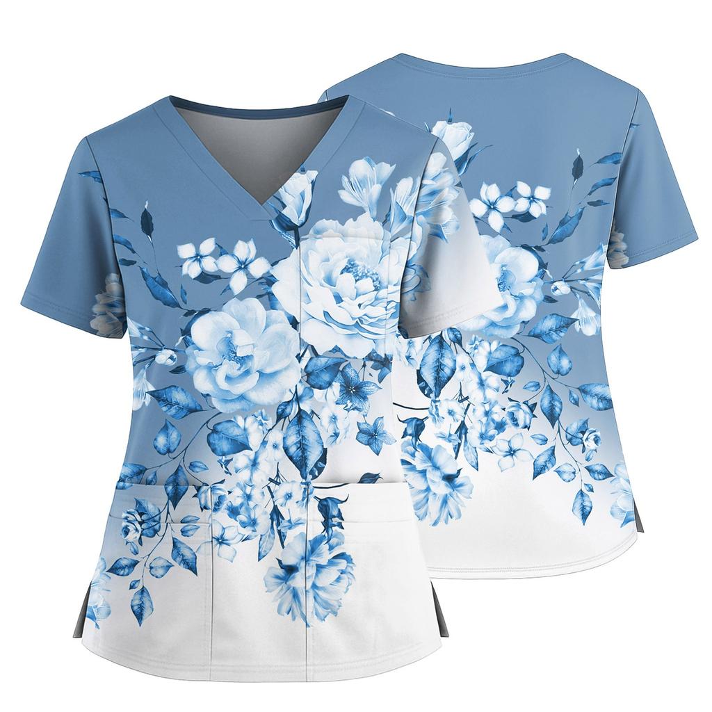 Women's Casual Printed V-Neck Pocket Side Slit Short Sleeved Top Short Sleeved Top