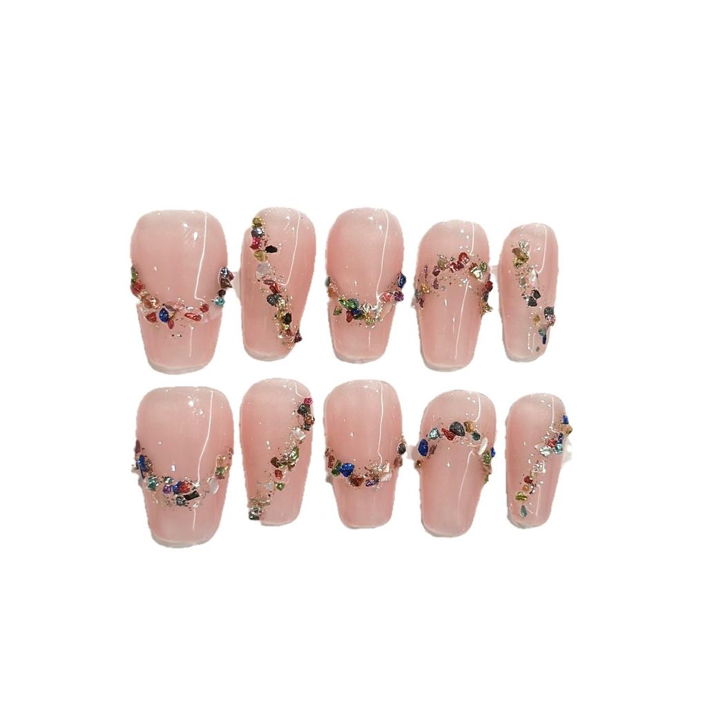Short Press‑On Nails Handmade Summer Fairy White Gentle Color Stone False Nail Patches