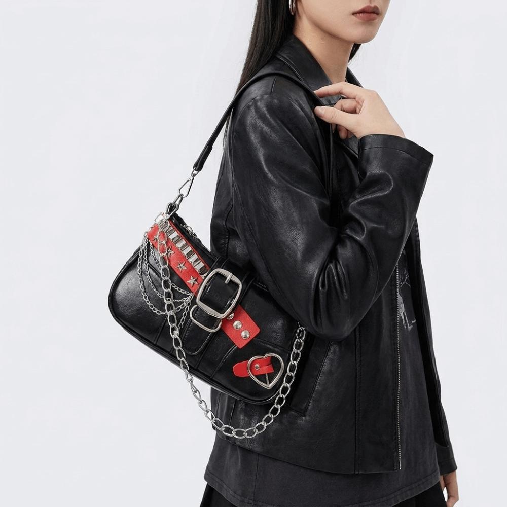 Punk Shoulder Bag Black Red Decor French Stick Handbag Fashion Star Rivet Underarm Bag Commute