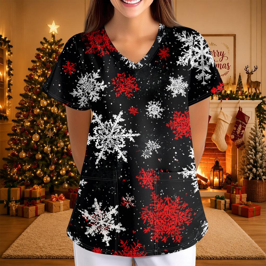 Women's Casual 3/4 Sleeve Neck Top with Christmas Print