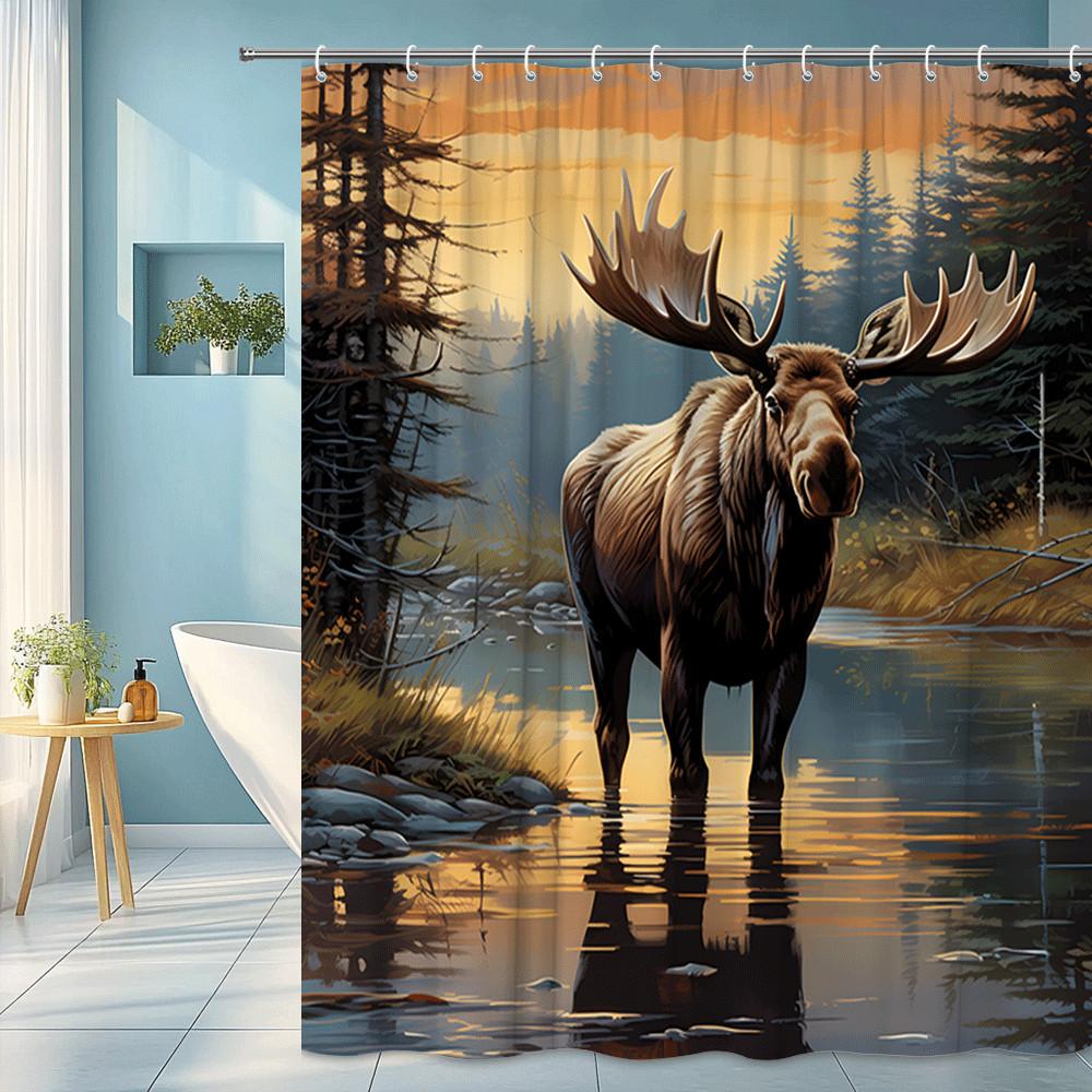 

Moose In Forest Shower Curtain Wildlife Scene Sunset Lake Nature Art Decor Rustic Bathroom Design Waterproof Simple Installation W60H190(CM)-1 Pcs