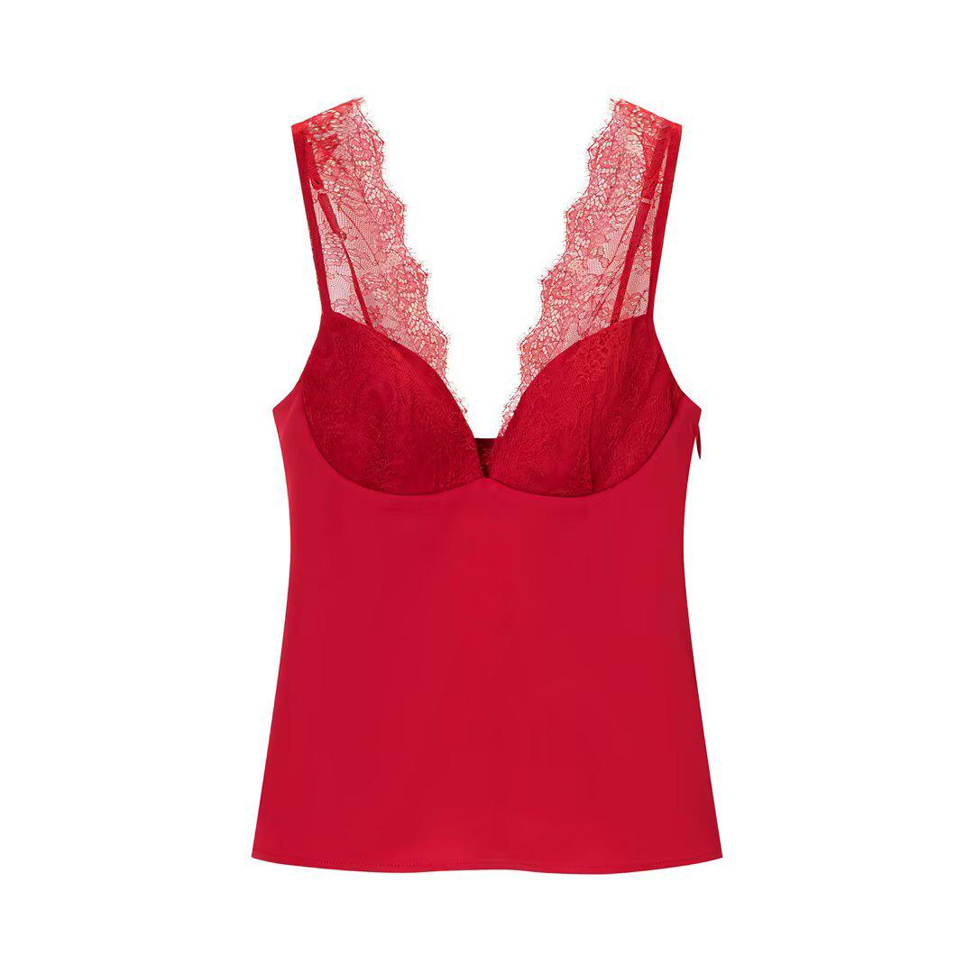 Европейская и американская женская мода Кружевной шелковый атласный топ-камзол - Сексуальный и модный Small красный