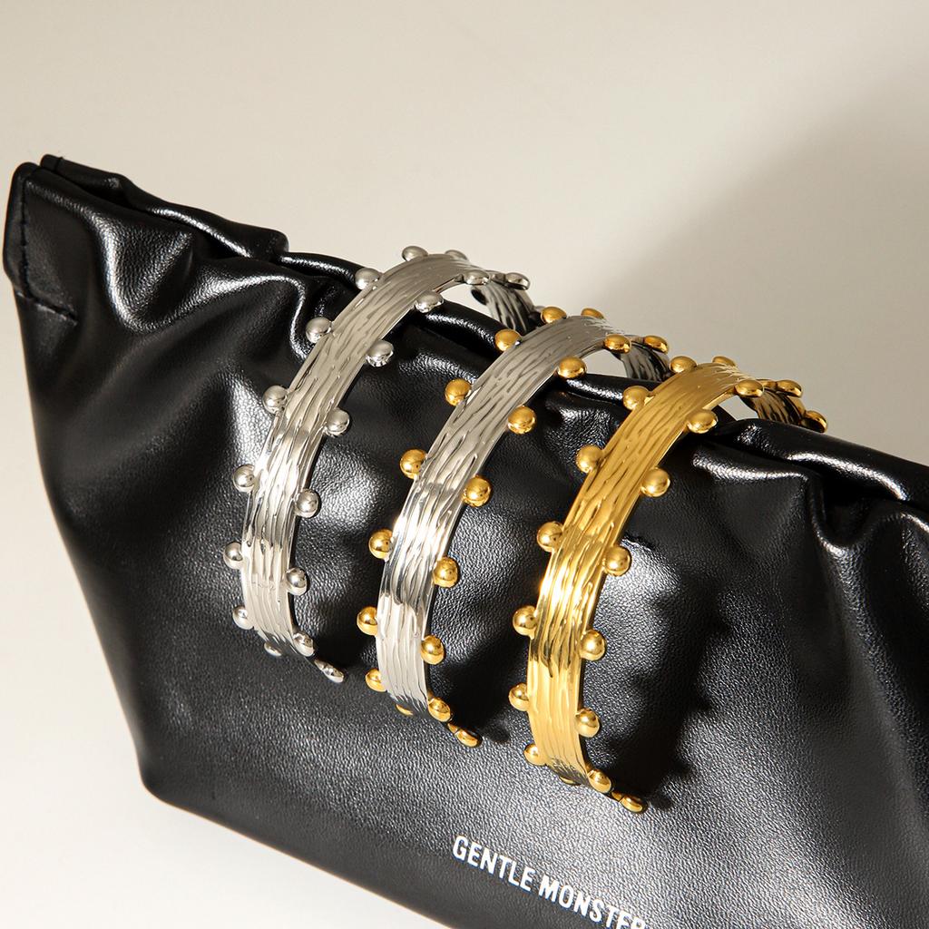 French Vintage Pleated Gold Bead Open Bangle, High-end Stainless Steel Gold-plated Bracelet, Titanium Steel Hand Jewelry