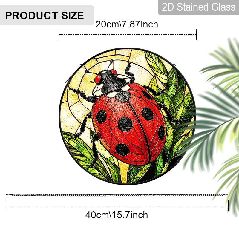 2D Flat Stained Glass Red Seven-Spotted Ladybug Window Decoration, 7.87inches Colored Glass Plate with Chain, Charming Spring Summer Sun Catcher Home