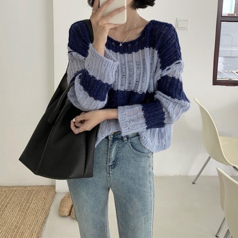 Splicing design sense niche loose stripes hollow knitted sweater women's spring and summer sweet and gentle sunscreen sweater long-sleeved top