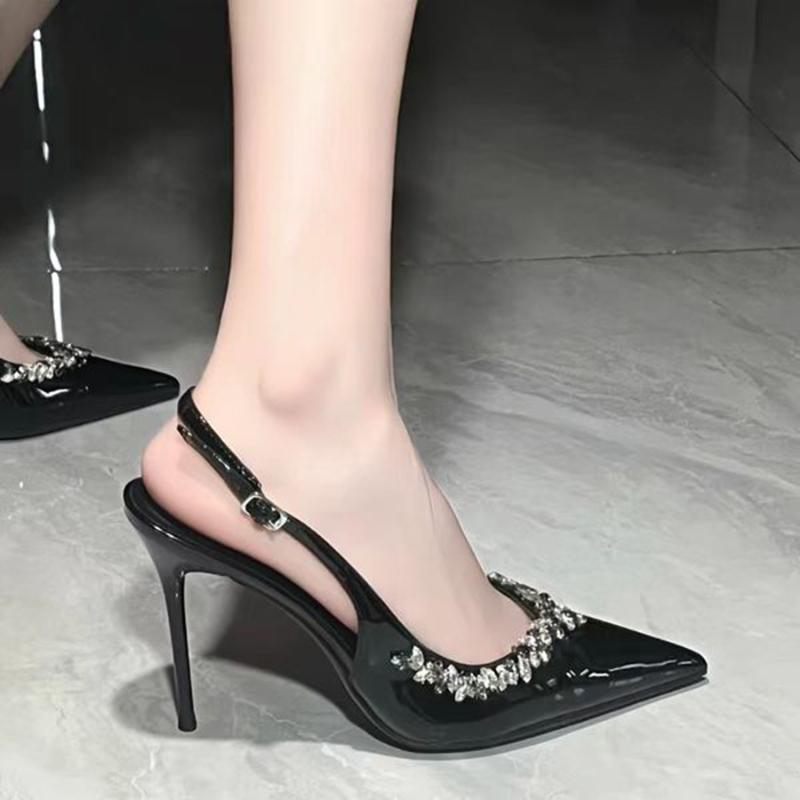 European And American Style Banquet Slim Pointed Toe Rhinestone High Heels Women Super High Heel Patent Leather Back Trip Strap