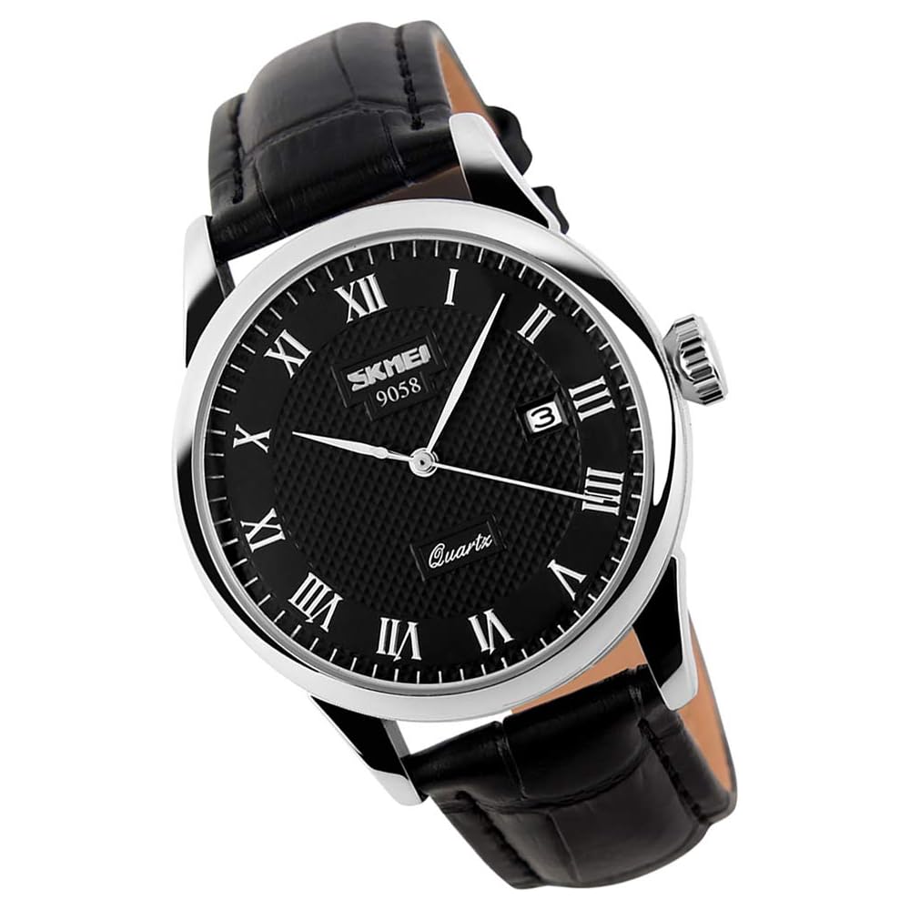 Men s Classic Analog Quartz Watch Black Leather Band Waterproof Casual Lightweight Date Display
