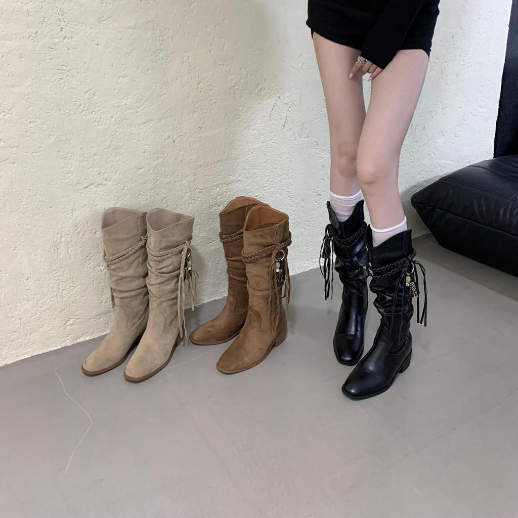 2025 Retro Ödland Fransen Ritterstiefel Dicke Ferse aber Kniestiefel Damen Dünne Plissierte Block High Boots