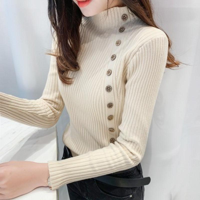 New Women's Half-Turtleneck Pullover Long-Sleeve Slim-Fit Sweater, INS-Style Button-Up Versatile Base Layer Top