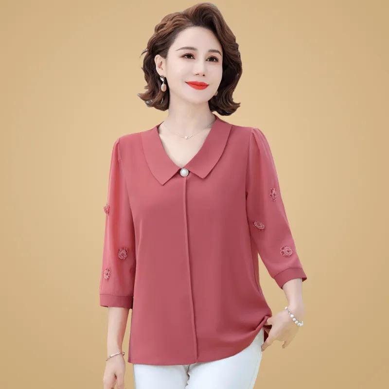 

Women s Peter Pan Collar 3/4 Sleeve Chiffon Blouse with Floral Embroidery XL красный