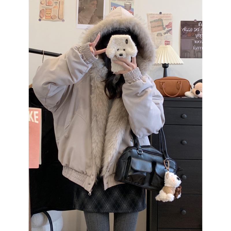 

Winter Short Hooded Parka with Big Fur Collar Thick Cotton Jacket for Women XL
