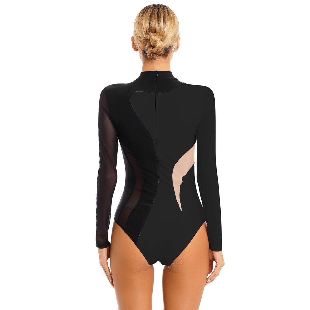 Women Long Sleeve Rhinestones Mesh Gymnastics Leotard Bodysuit Ice Skating Jumpsuit