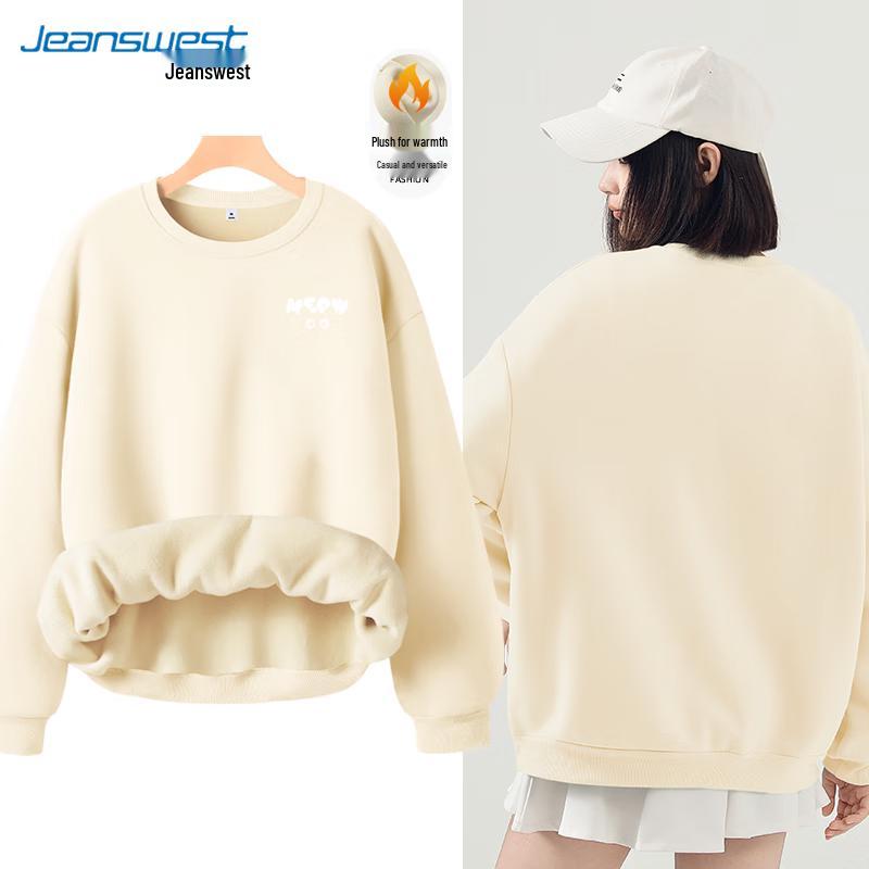 JEANSWEST Women's 2024 Autumn/Winter Heavyweight Fleece Round Neck Sweatshirt