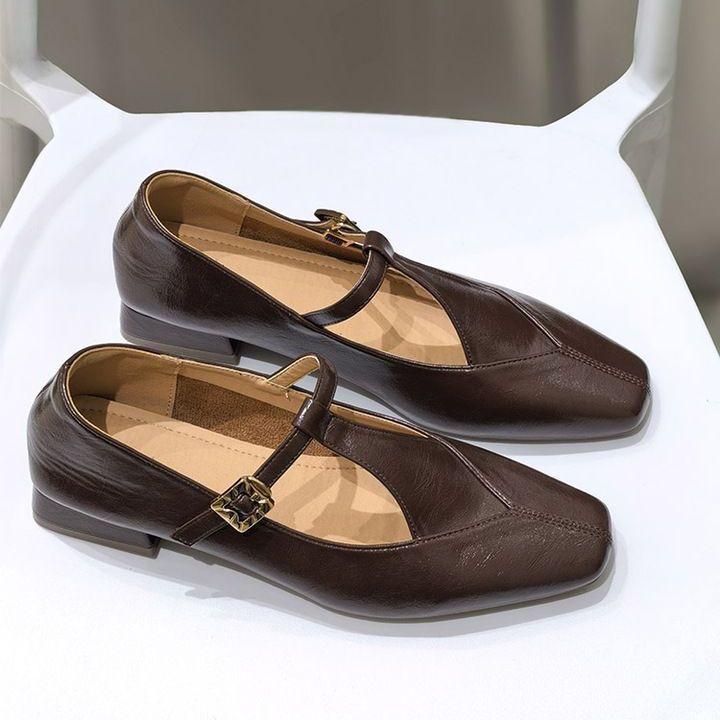 

2025 новые женские туфли-лодочки Т-образной формы на квадратном каблуке Мэри Джейн с квадратным носком, маленькие кожаные туфли, французская мода, европейская станция, универсальный тренд 41 коричневый