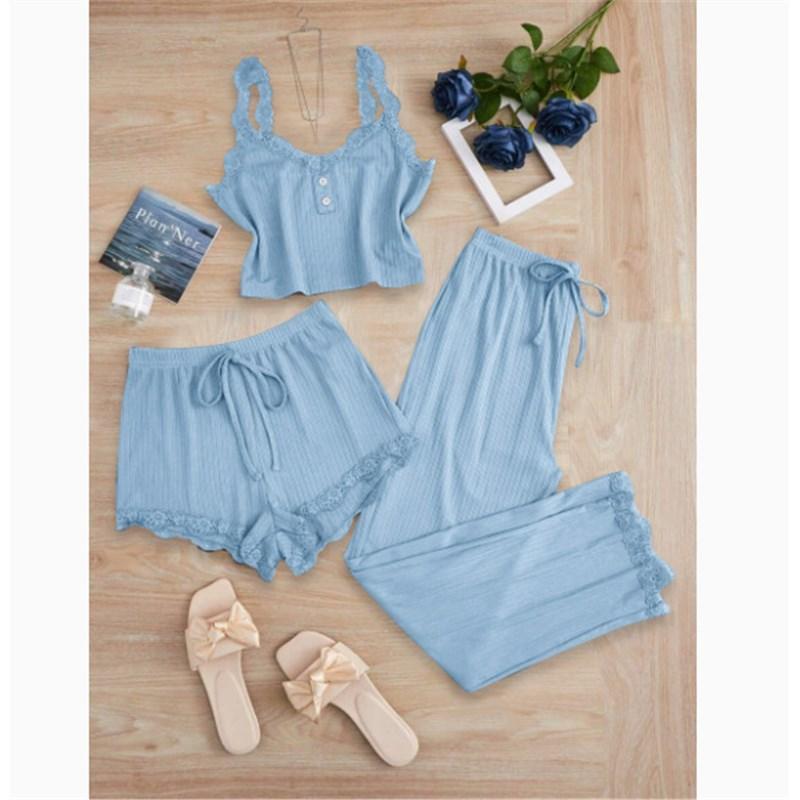 European and American new lace lace sling vest long shorts pajamas women's outer wear slim-fit explosive three-piece set