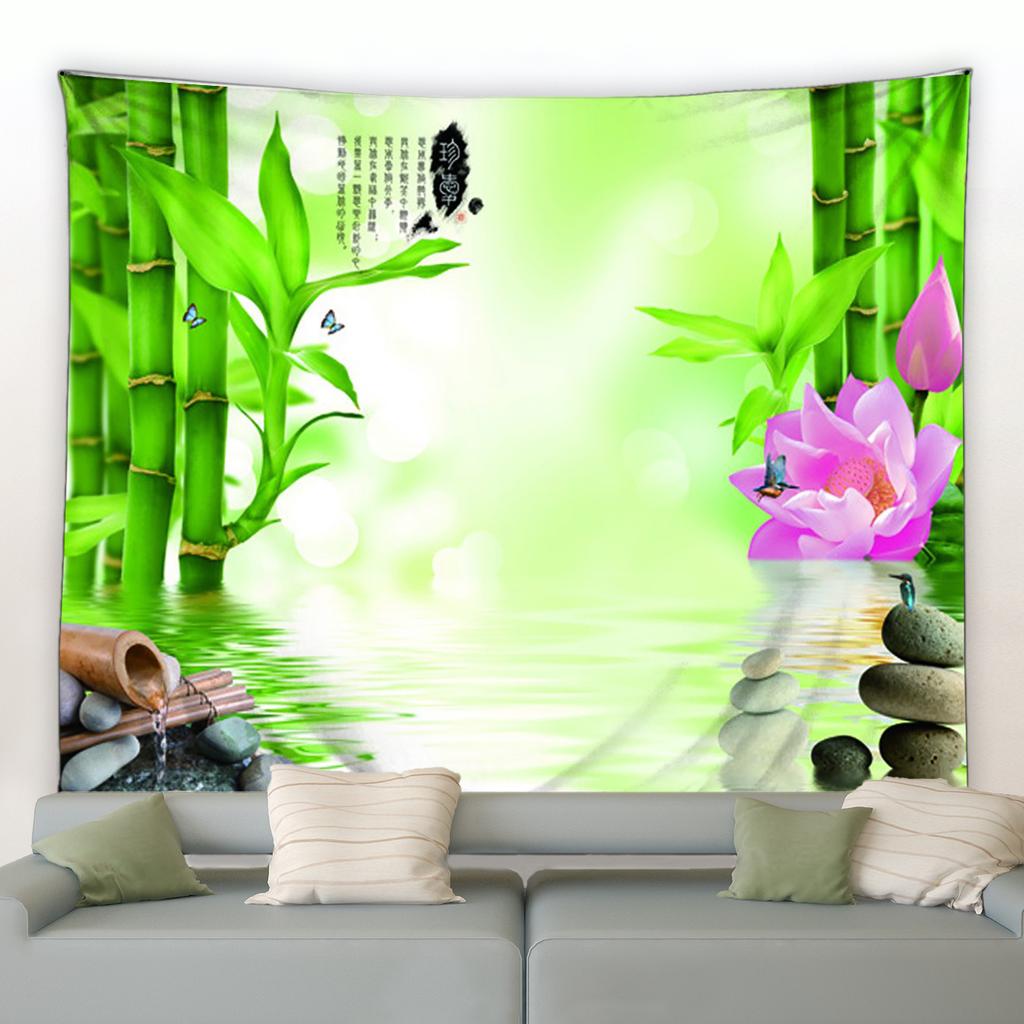 Natural Flower Carp Garden Scenery Wall Hanging Living Room Bedroom Dormitory Decoration Lotus Green Bamboo Zen Tapestry