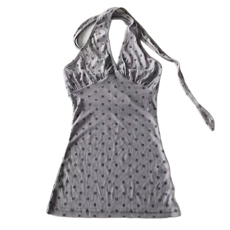 European and American Summer Polka Dot Backless V-neck Fashionable Hanging Neck Strap Design Waist Cinched Women's Vest Top